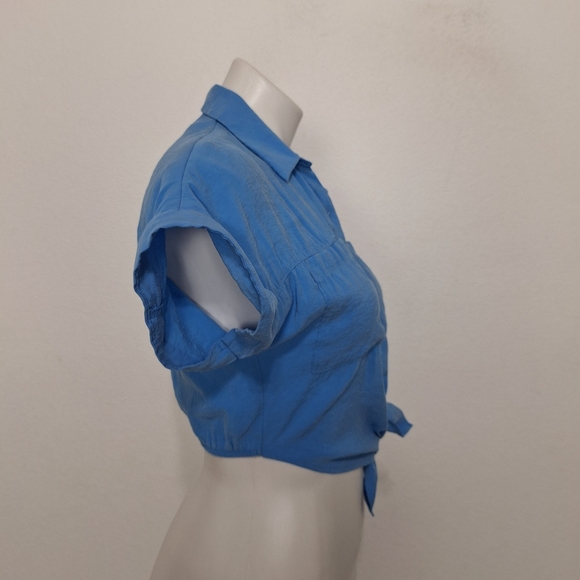 Zara Girls Blue Short Sleeve Tie Front Button Front Blouse Size 10 - Picture 4 of 11